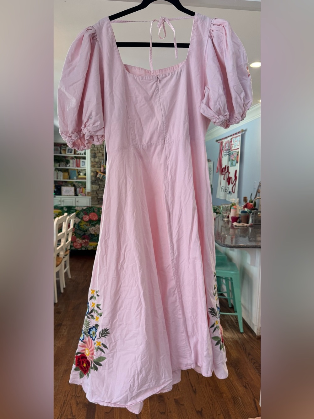 Fanm Mon Maude Embroidered Puff Sleeve Cotton Midi Dress Pink
